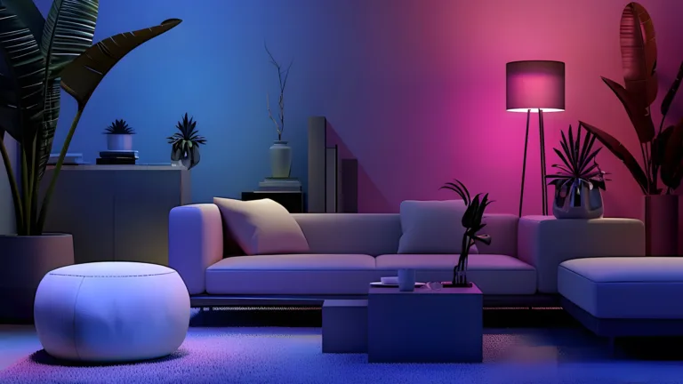 Colorful living room with vibrant lighting and modern furnishings.