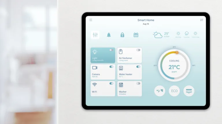 Digital screen with smart home temperature control and connected household appliances