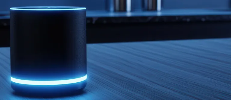 A sleek smart speaker with a glowing blue light sits on a wooden kitchen counter, symbolizing modern technology and convenience in the home.