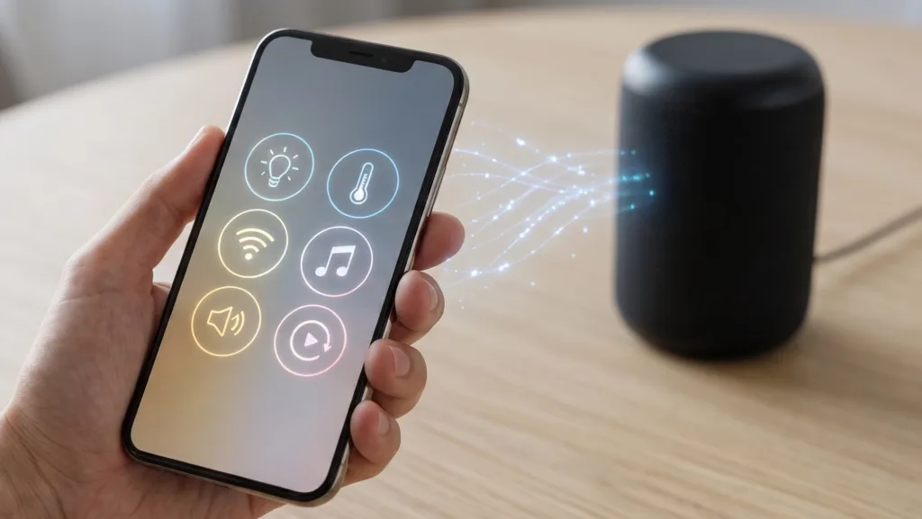 Smart home control via smartphone, a hand holding a mobile phone with illuminated smart device icons, connecting to a black cylindrical smart speaker